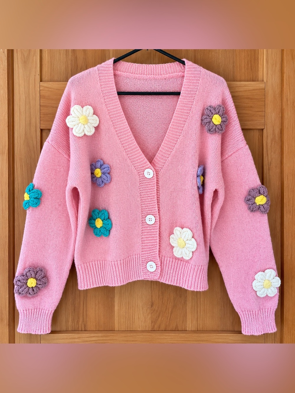 Handmade Pink Knit Flower Cardigan Sweater Cottagecore Y2K Coquette